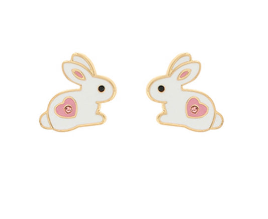 White Bunny Stud Earrings With Pink Heart