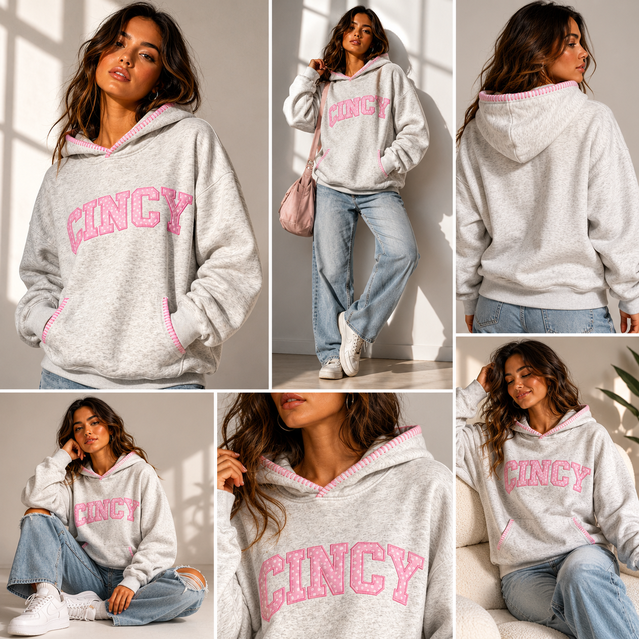 CINCY Pink Polka Dot Embroidered Hoodie with Pink Hood/Pocket Stitching