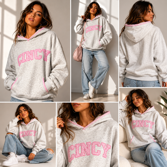CINCY Pink Polka Dot Embroidered Hoodie with Pink Hood/Pocket Stitching