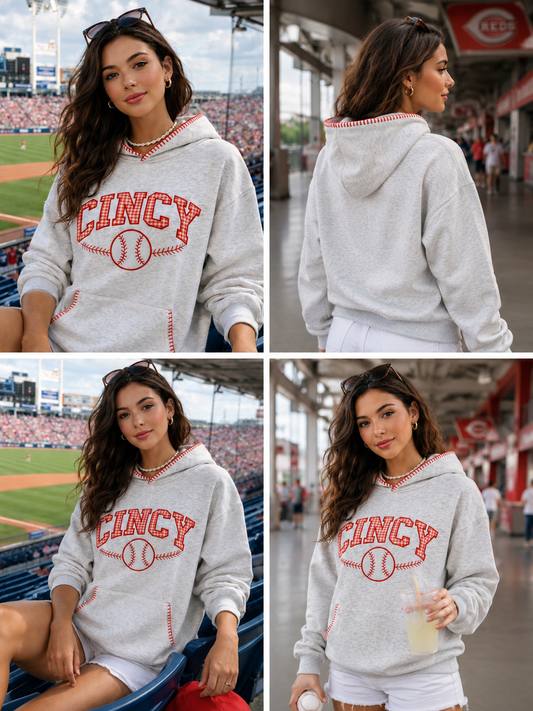 CINCY BASEBALL RED STITCHED SLIGHTLY OVERSIZED HOODIE