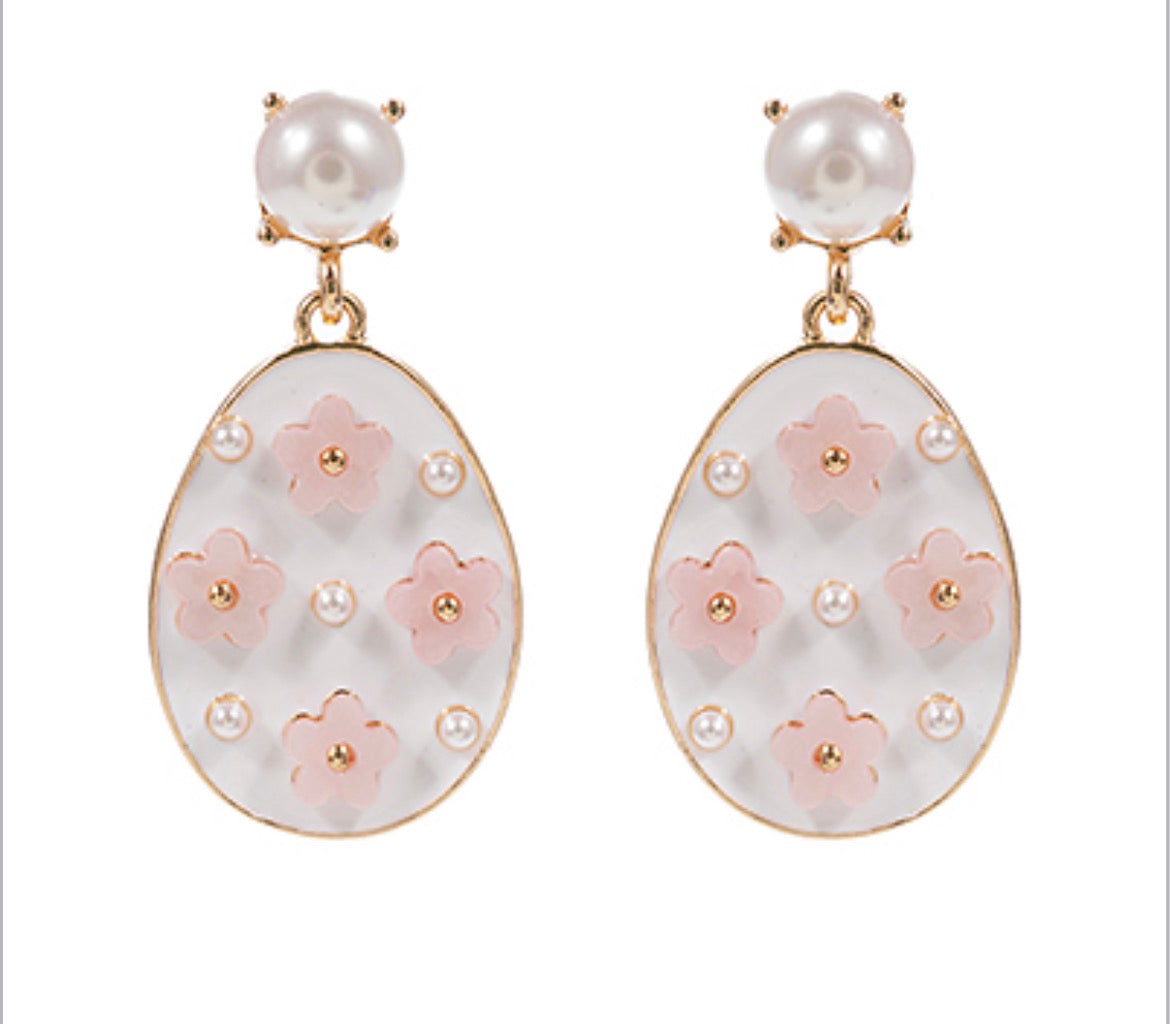 White and Pink Floral Deco Easter Egg Earrings