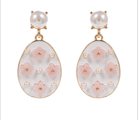 White and Pink Floral Deco Easter Egg Earrings