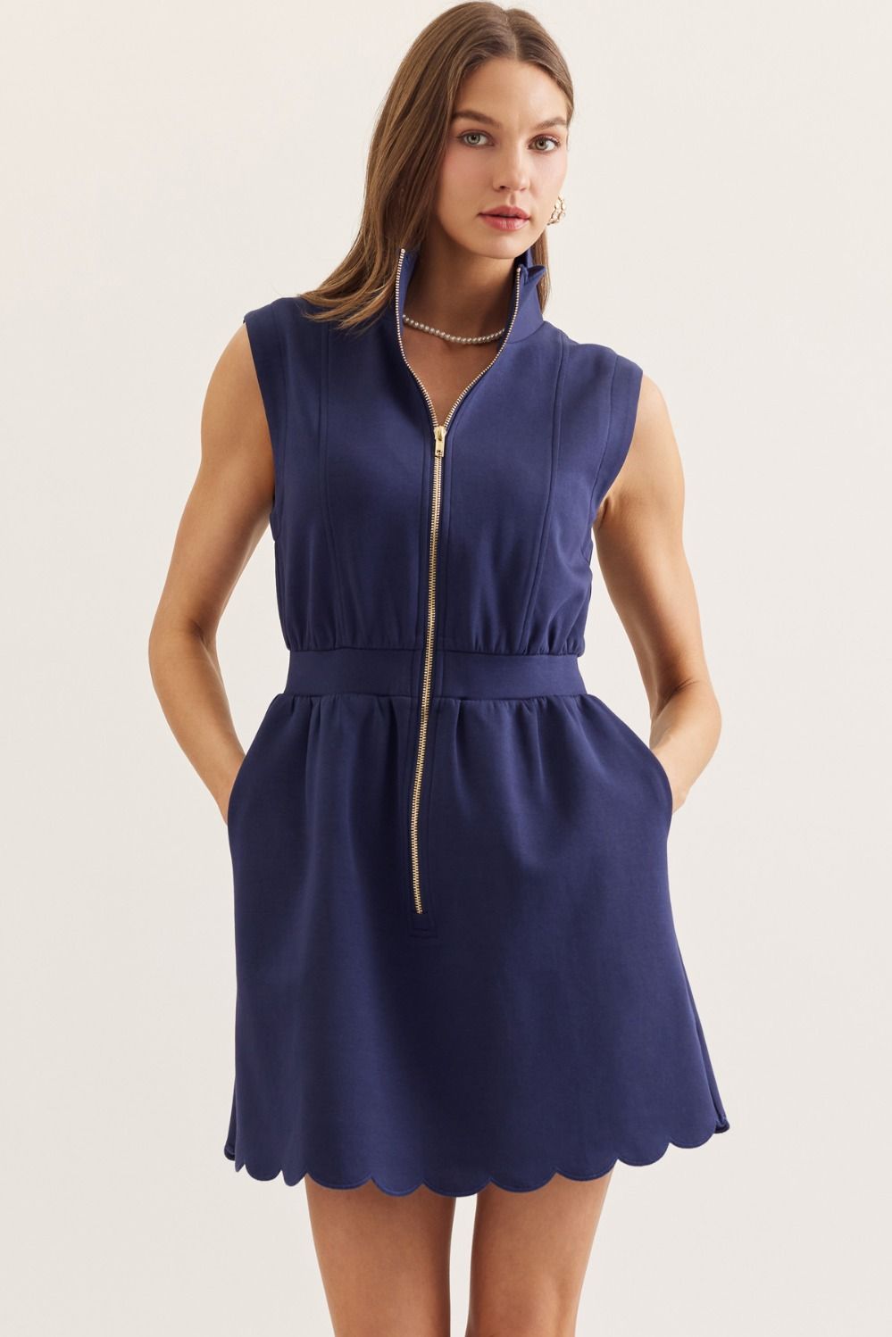 Scalloped Solid Color Sleeveless Dress