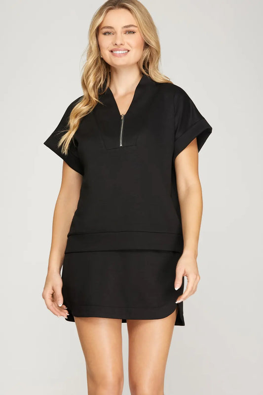 Drop Shoulder Scuba High Neck Half Zip Top