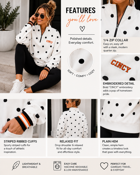 White Polka Dot CINCY Quater Zip (PREORDER)