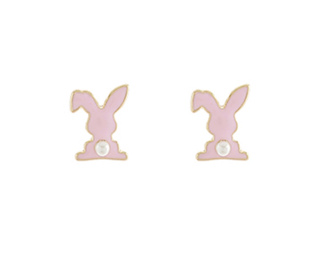 Pink Easter Bunny with Pearl Stud Earrings