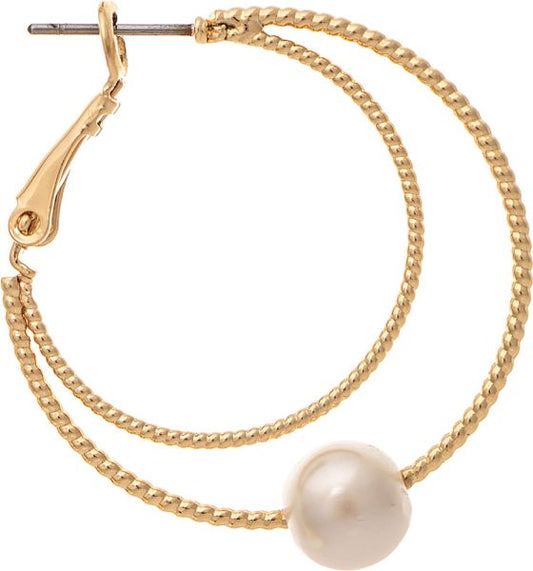 Gold Texture Wire Faux Pearl Hoop Earrings
