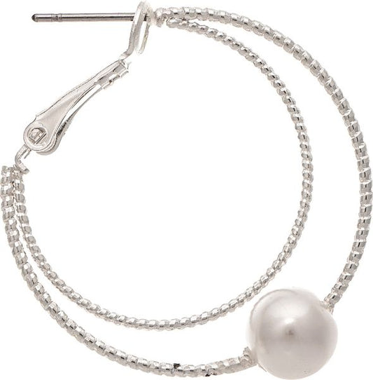 Silver Texture Wire Faux Pearl Hoop Earrings
