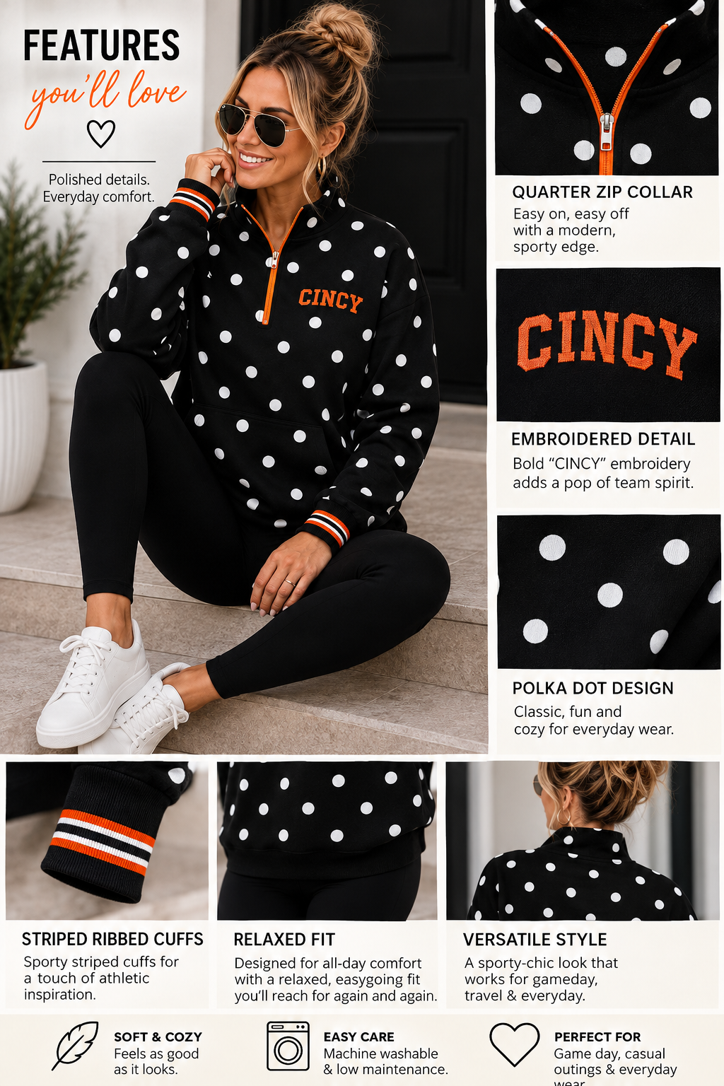 Black Polka Dot CINCY Quarter Zip (PREORDER)