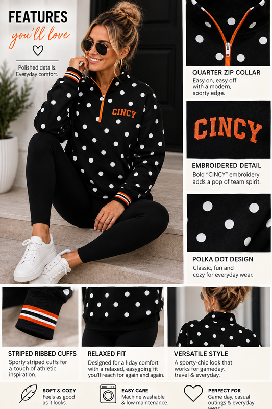 Black Polka Dot CINCY Quarter Zip (PREORDER)