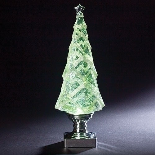 14" Lighted Swirl Tree with Silver Base, White Glitter
