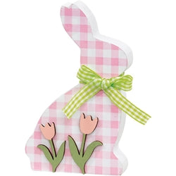 Pink and White Gingham Check Bunny with Tulips Sitter