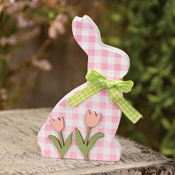 Pink and White Gingham Check Bunny with Tulips Sitter