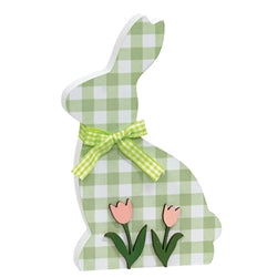 Green and White Gingham Check Bunny with Tulips Sitter