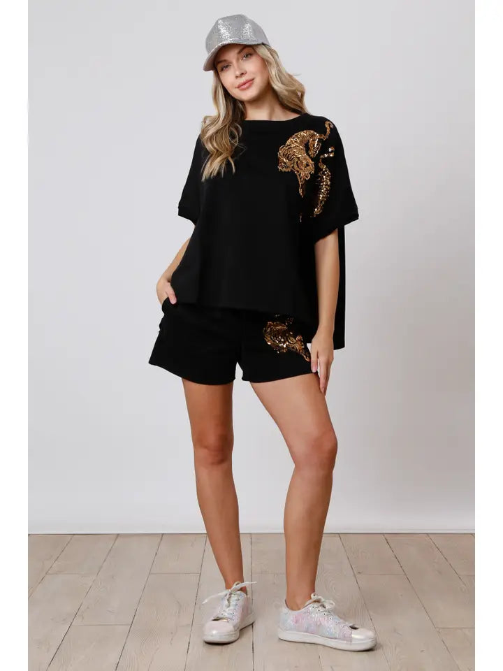Black Pullover/Shorts Set with Gold Embellished Tigers
