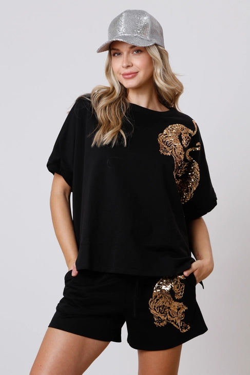 Black Pullover/Shorts Set with Gold Embellished Tigers