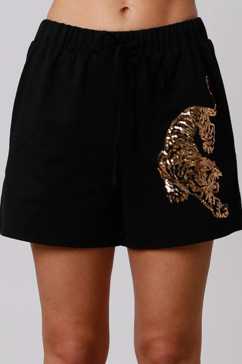 Black Pullover/Shorts Set with Gold Embellished Tigers