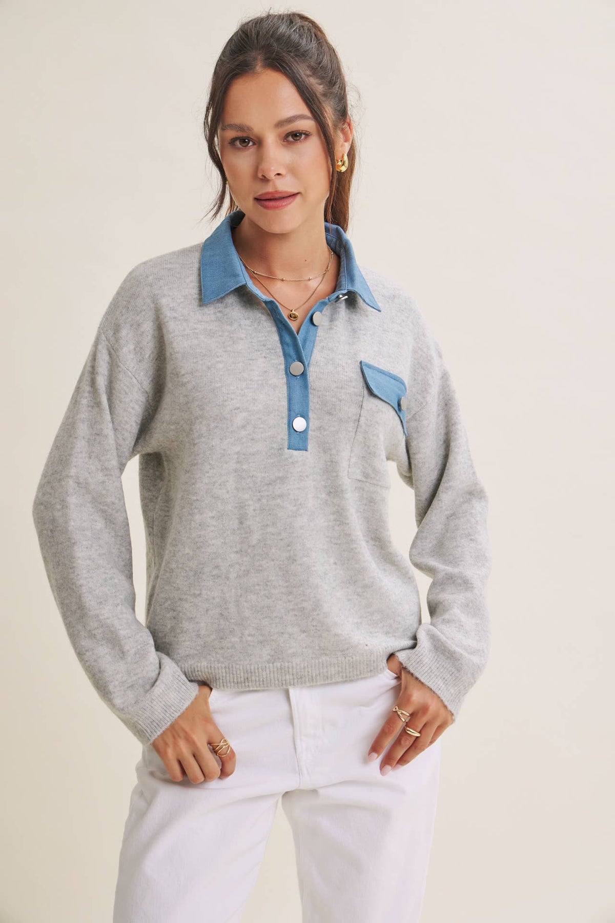 ELEVATED MIXED MEDIA DENIM MIXED EVERYDAY SWEATER TOP