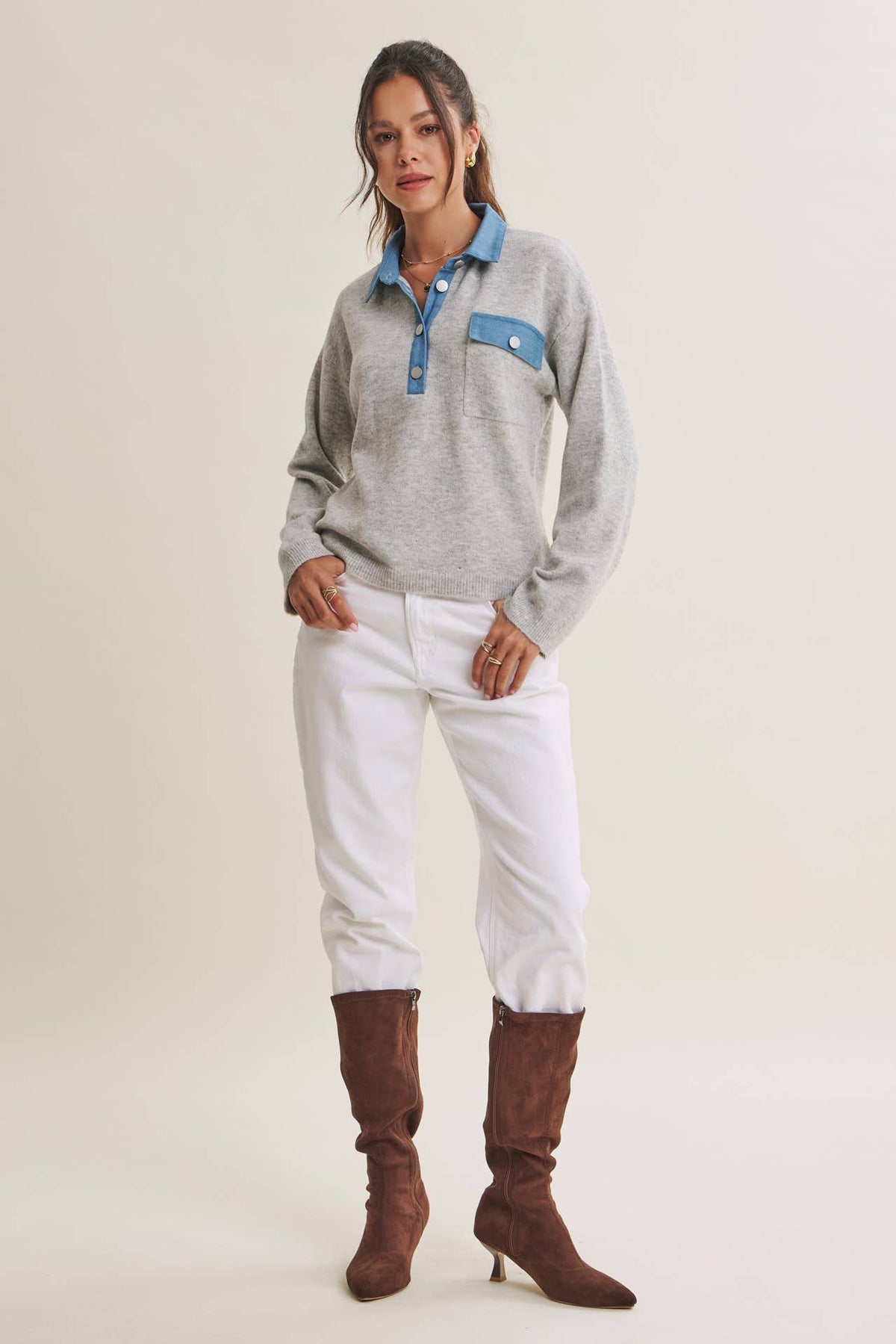 ELEVATED MIXED MEDIA DENIM MIXED EVERYDAY SWEATER TOP