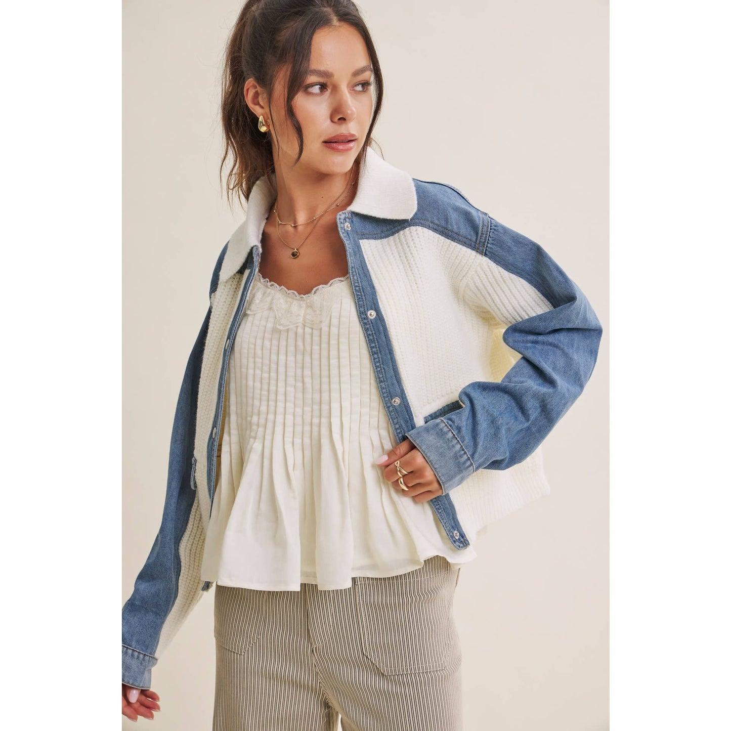 WEEKEND LAYERS DENIM CONTRAST MIXED MEDIA SWEATER JACKET