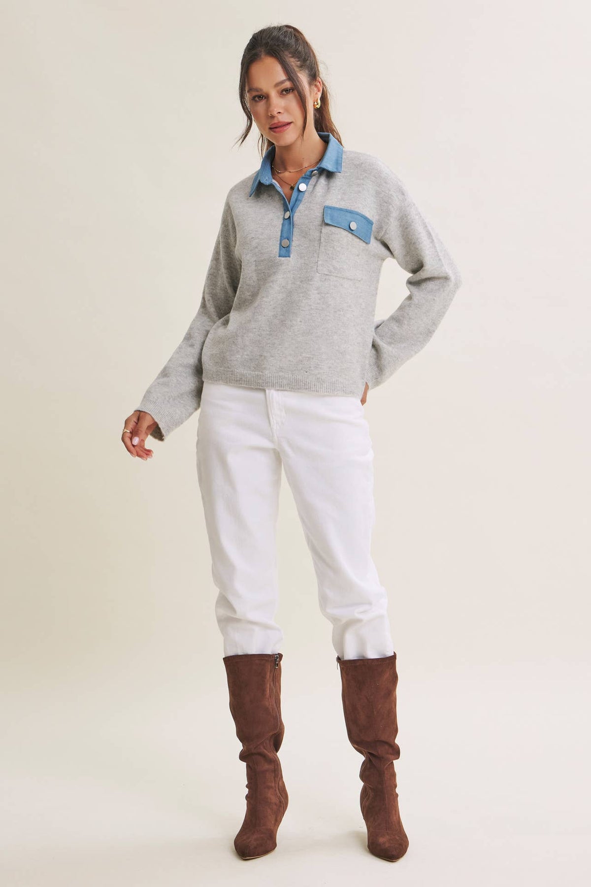 ELEVATED MIXED MEDIA DENIM MIXED EVERYDAY SWEATER TOP