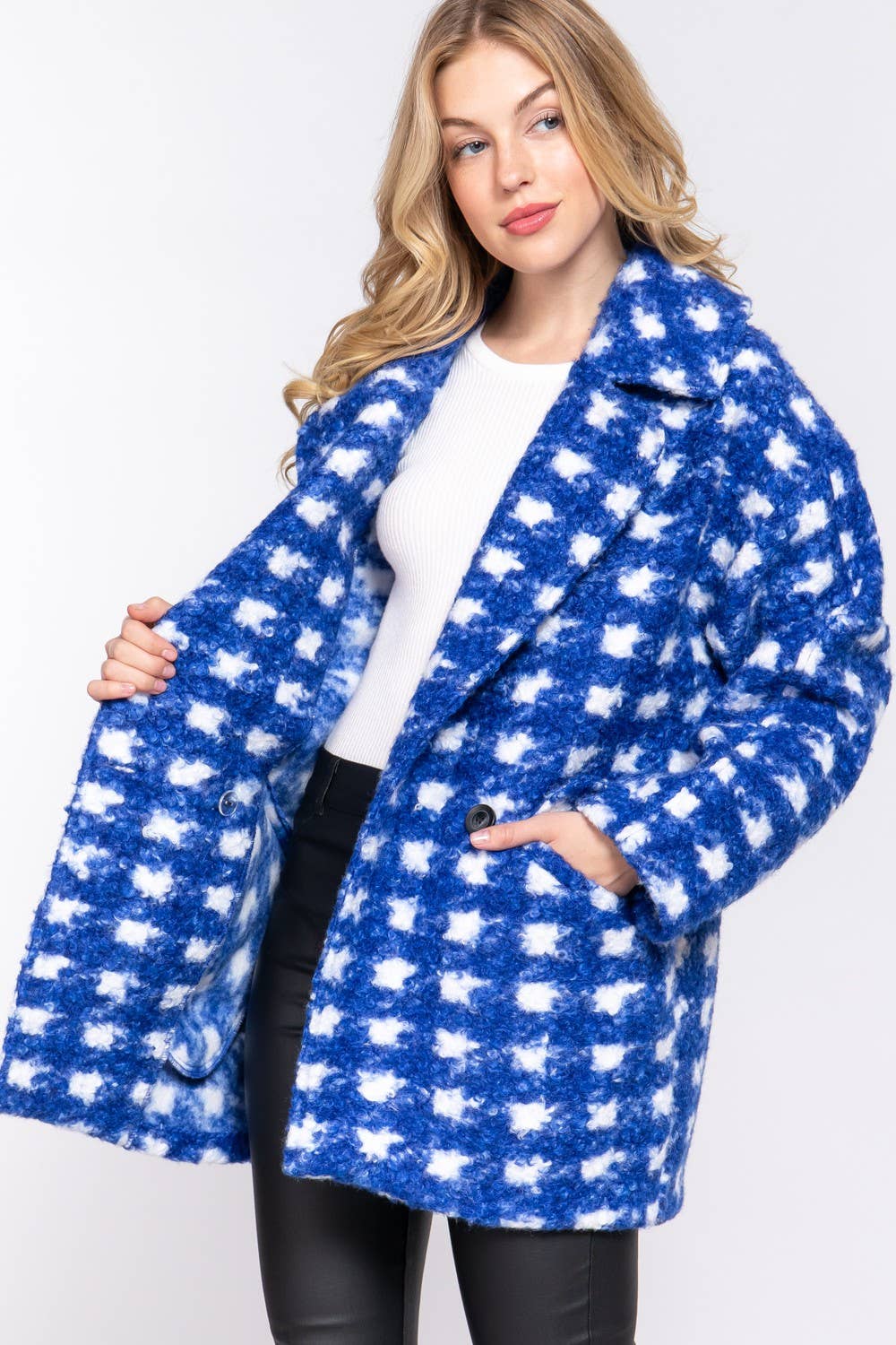 Long Sleeve Double Breasted Check Print Boucle Fleece Coat