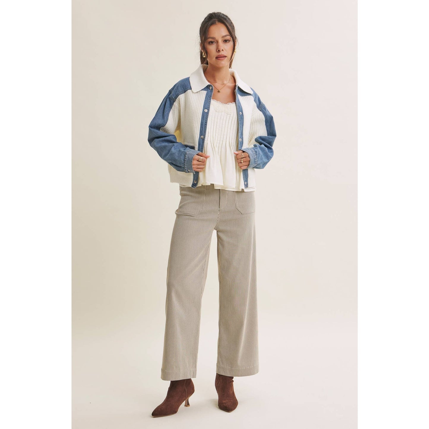 WEEKEND LAYERS DENIM CONTRAST MIXED MEDIA SWEATER JACKET