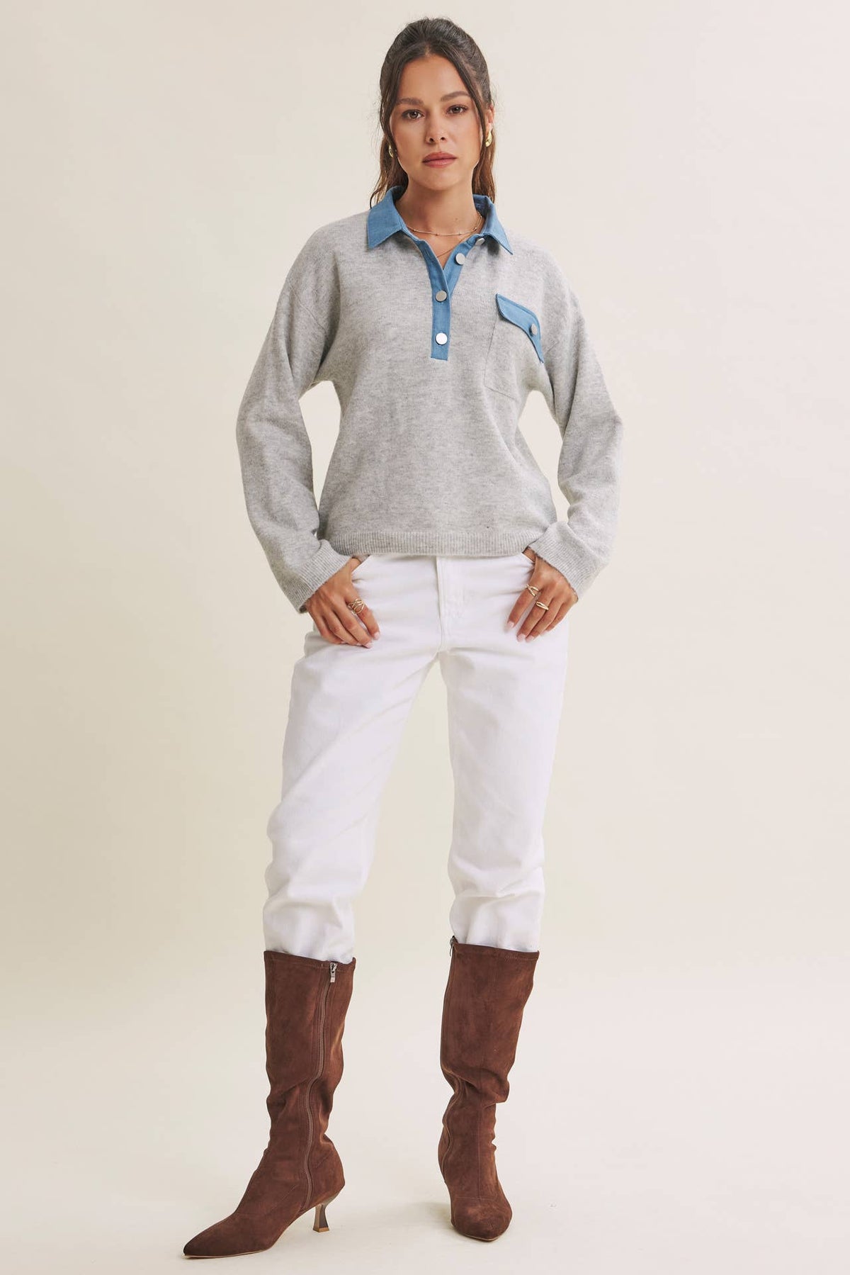 ELEVATED MIXED MEDIA DENIM MIXED EVERYDAY SWEATER TOP