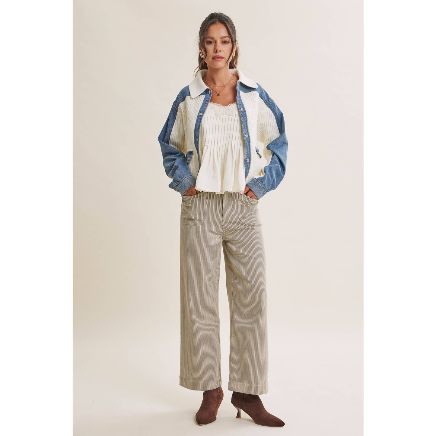 WEEKEND LAYERS DENIM CONTRAST MIXED MEDIA SWEATER JACKET
