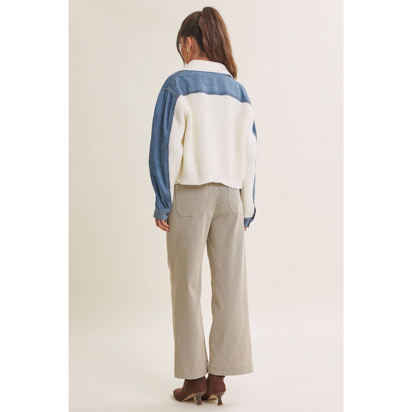WEEKEND LAYERS DENIM CONTRAST MIXED MEDIA SWEATER JACKET