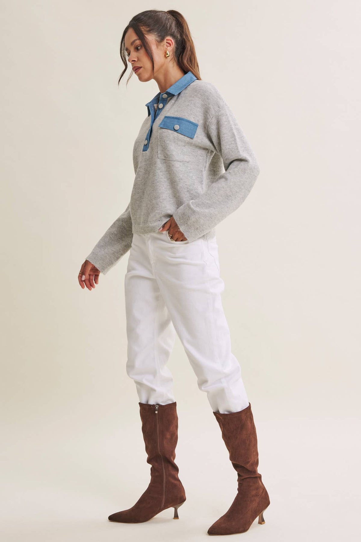 ELEVATED MIXED MEDIA DENIM MIXED EVERYDAY SWEATER TOP