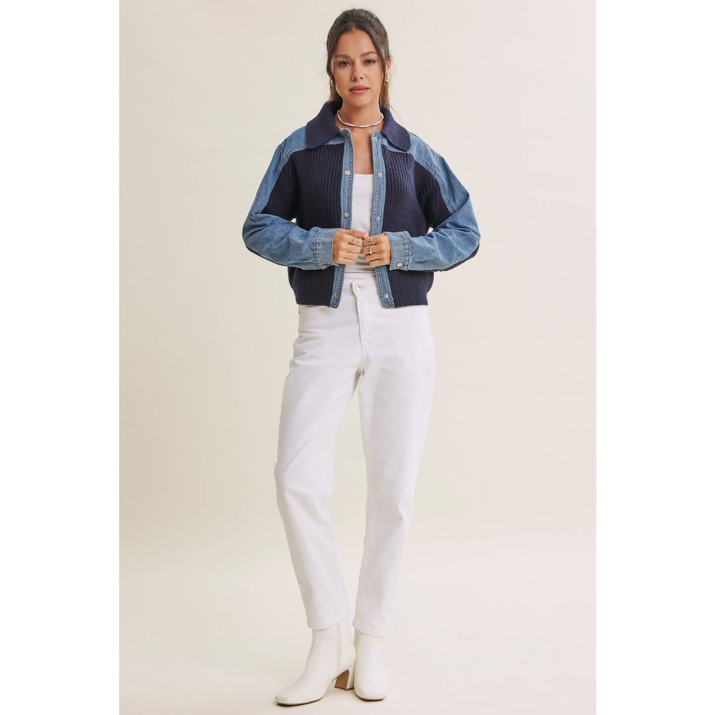 WEEKEND LAYERS DENIM CONTRAST MIXED MEDIA SWEATER JACKET