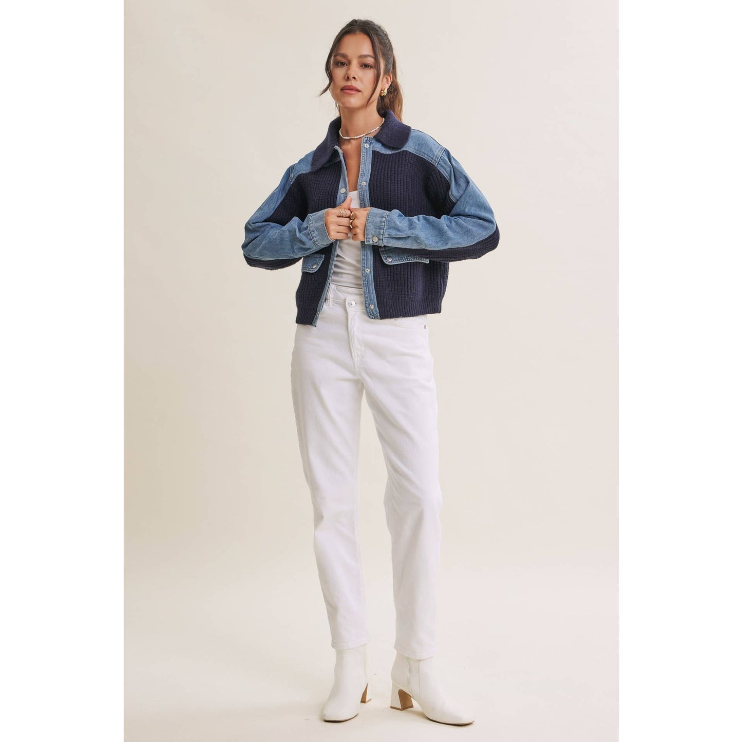 WEEKEND LAYERS DENIM CONTRAST MIXED MEDIA SWEATER JACKET