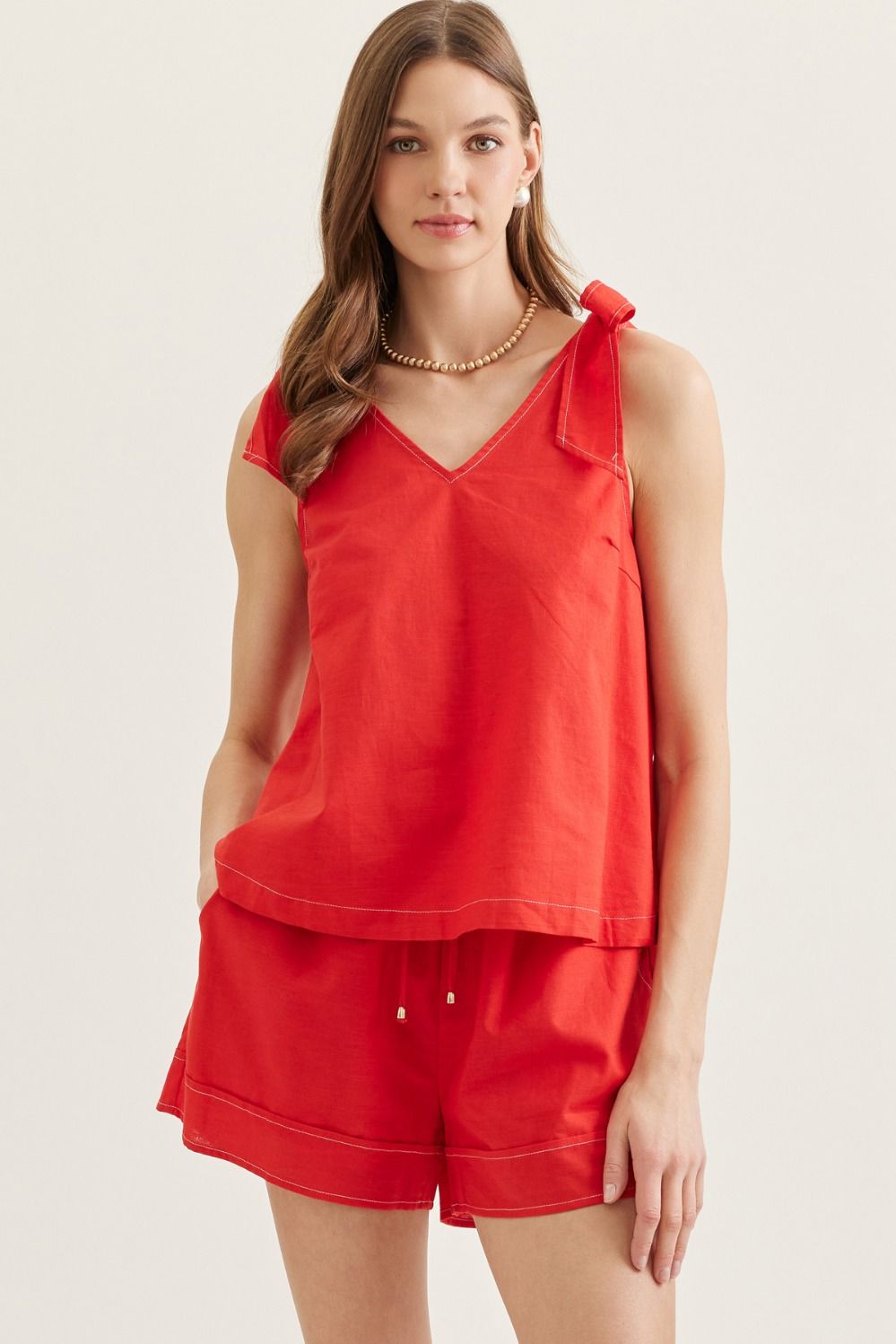 Sleeveless V-Neck With Self Tie Shoulders