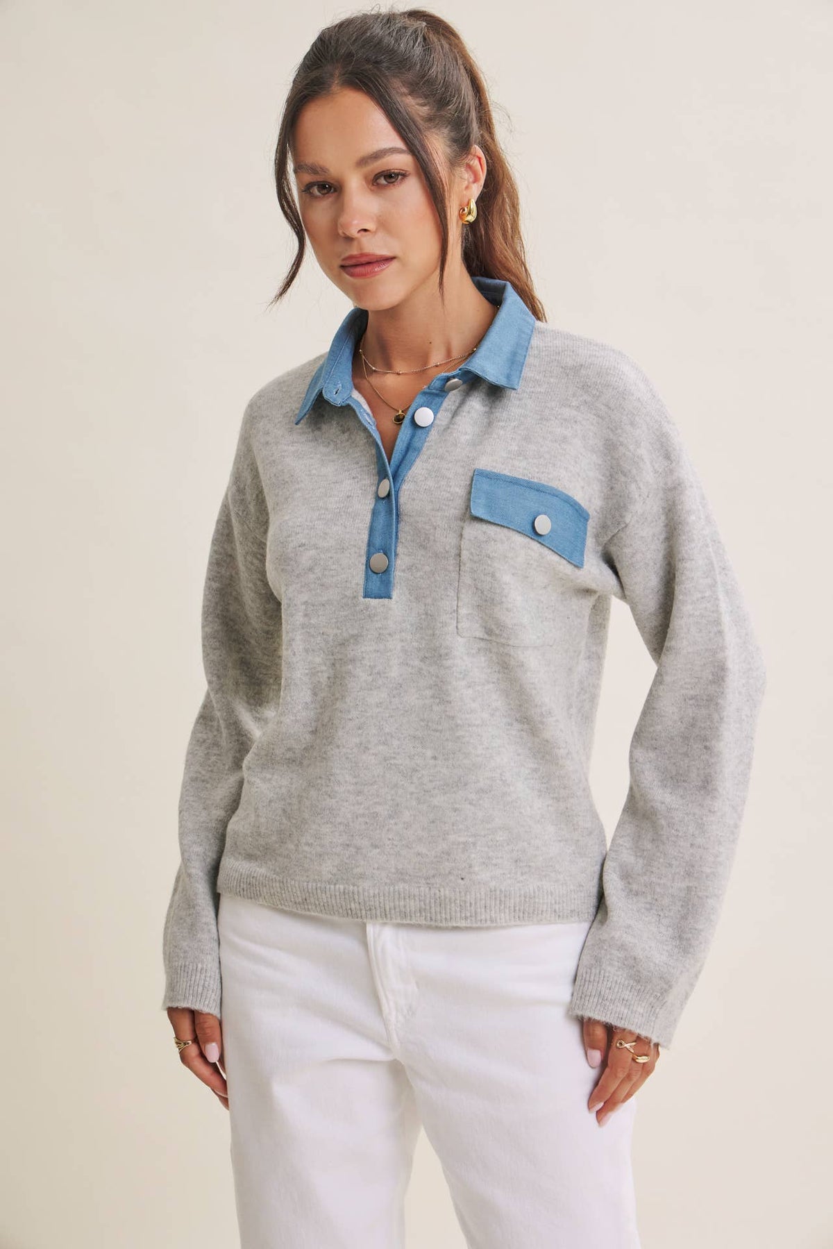 ELEVATED MIXED MEDIA DENIM MIXED EVERYDAY SWEATER TOP