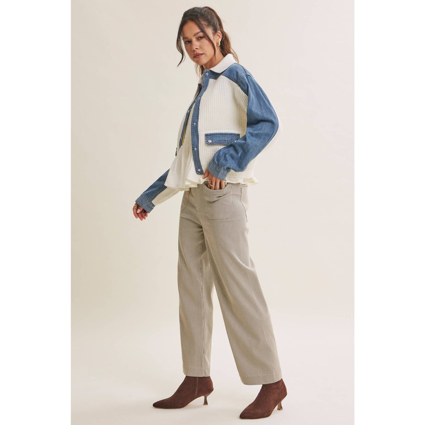WEEKEND LAYERS DENIM CONTRAST MIXED MEDIA SWEATER JACKET
