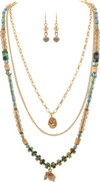 Gold and Green Gem Glass Layer Necklace